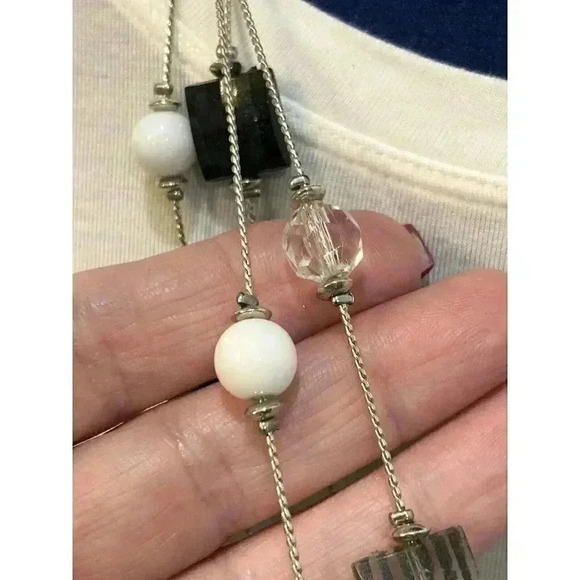 Multistrand Black White Clear Beaded Faceted Bead Necklace with Extender - Picture 5 of 16